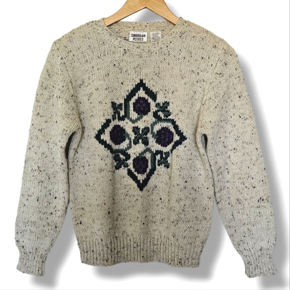 Vintage Sweater Size MP Suburban Petites Wool‎ Cream Speckled Floral Cottagecore